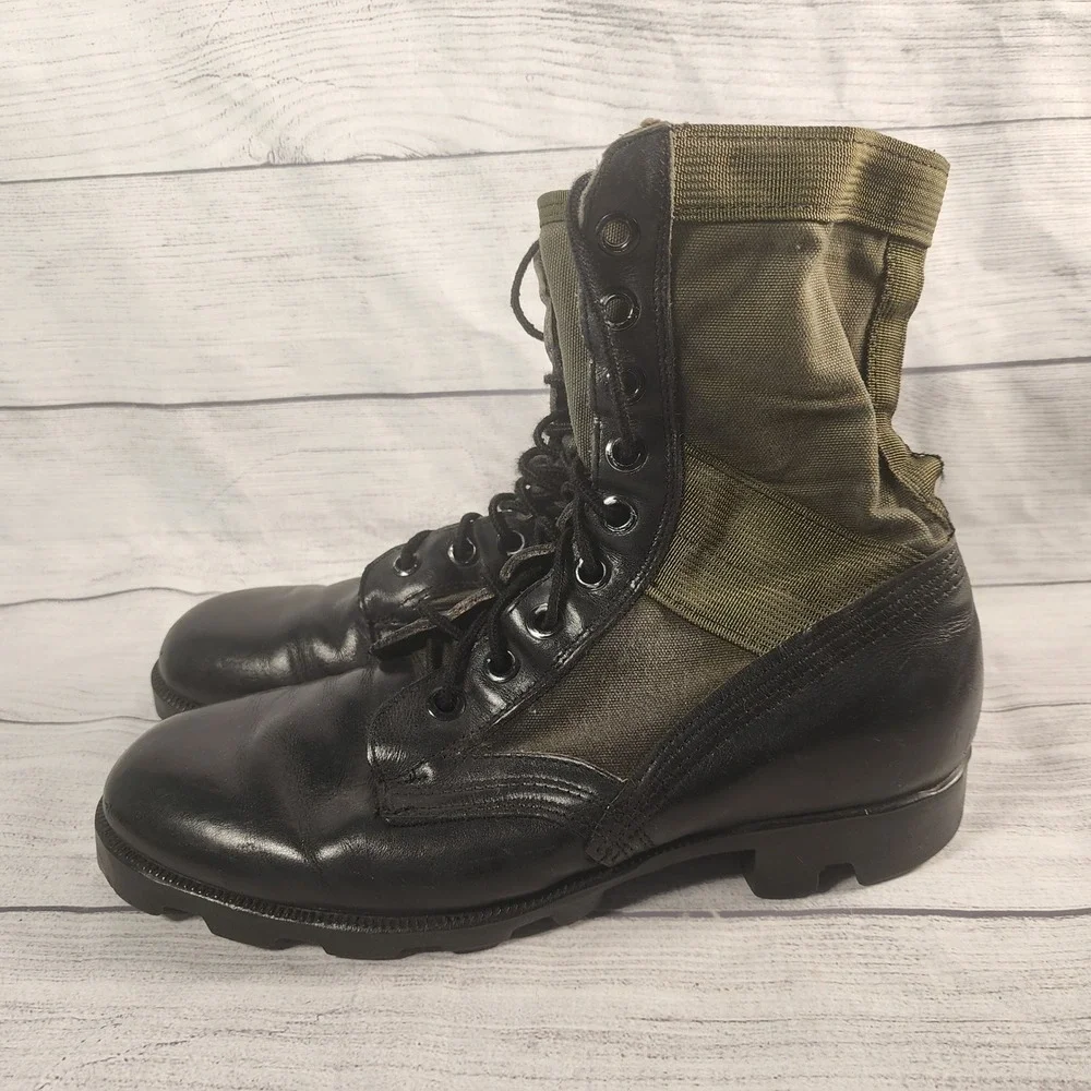 Ro-Search Men's Size 9R Vintage Military Jungle Boots Black Leather Olive Canvas